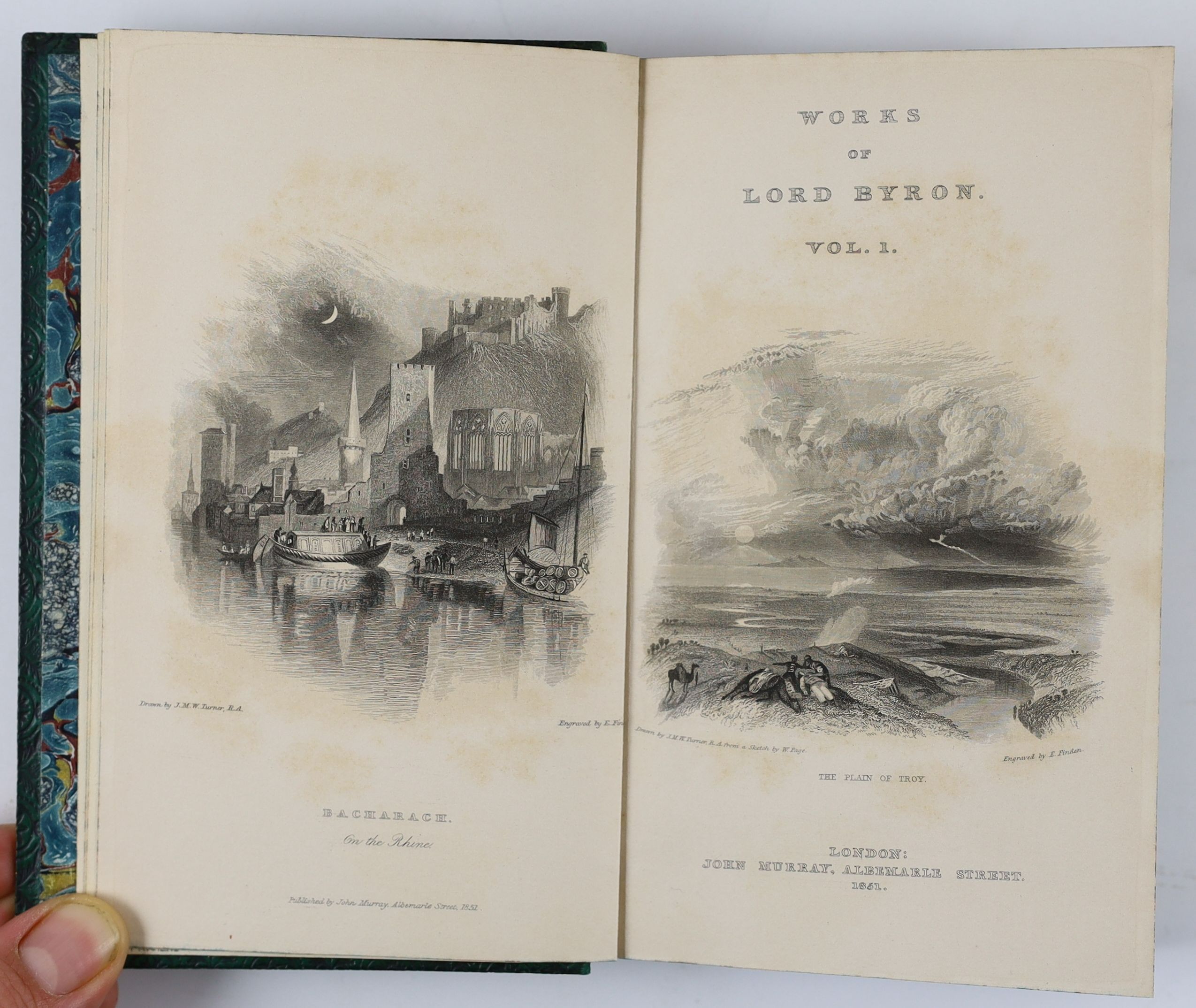 Byron, George Gordon Noel, Lord - The Poetical Works, 10 vols, 8vo, green grained morocco gilt by Riviere, with engraved frontises and additional pictorial title pages, John Murray, London, 1854